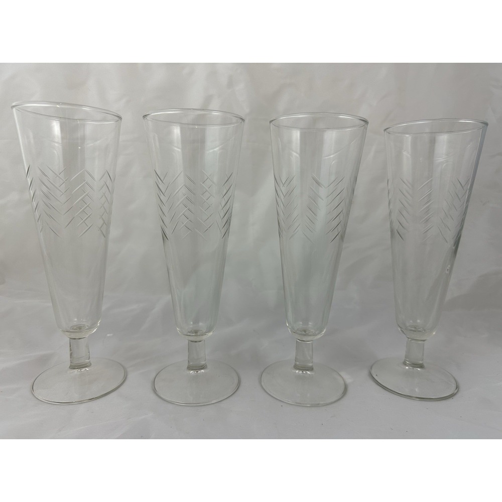 Javit Rain Crystal Pilsner Glasses Set Of 4 Etched Diagonal Cut 8.25"‎ MCM Vtg